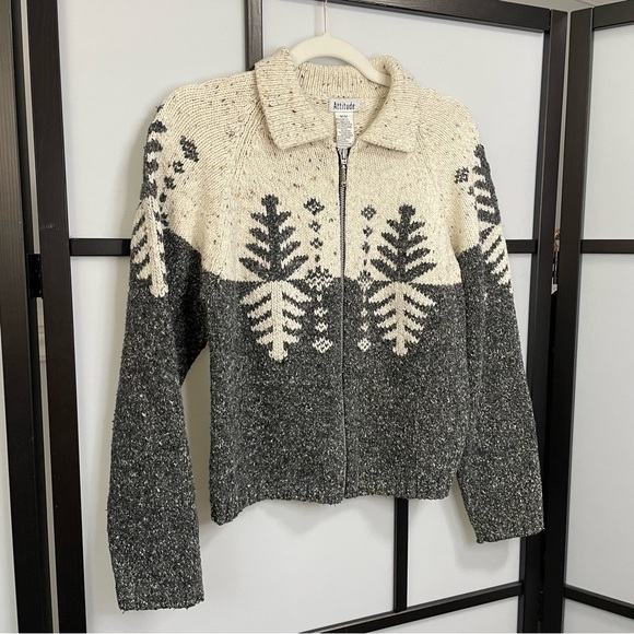 [M] Vintage Creme, Brown & Grey Speckled Winter Forest Zip-Up Knit Sweater Women - Picture 3 of 14